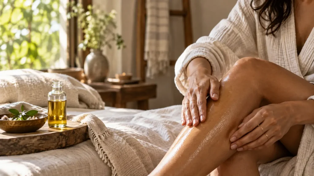 Aplicación de aceite corporal como parte de una rutina de autocuidado Ayurveda