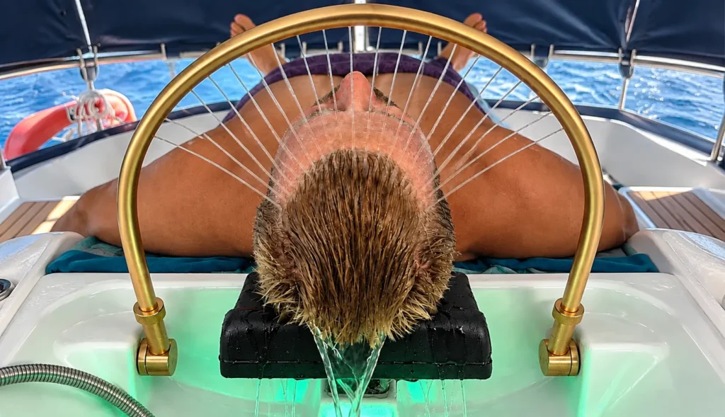 Tratamiento Head Spa con cascada de agua y cromoterapia sobre el cuero cabelludo